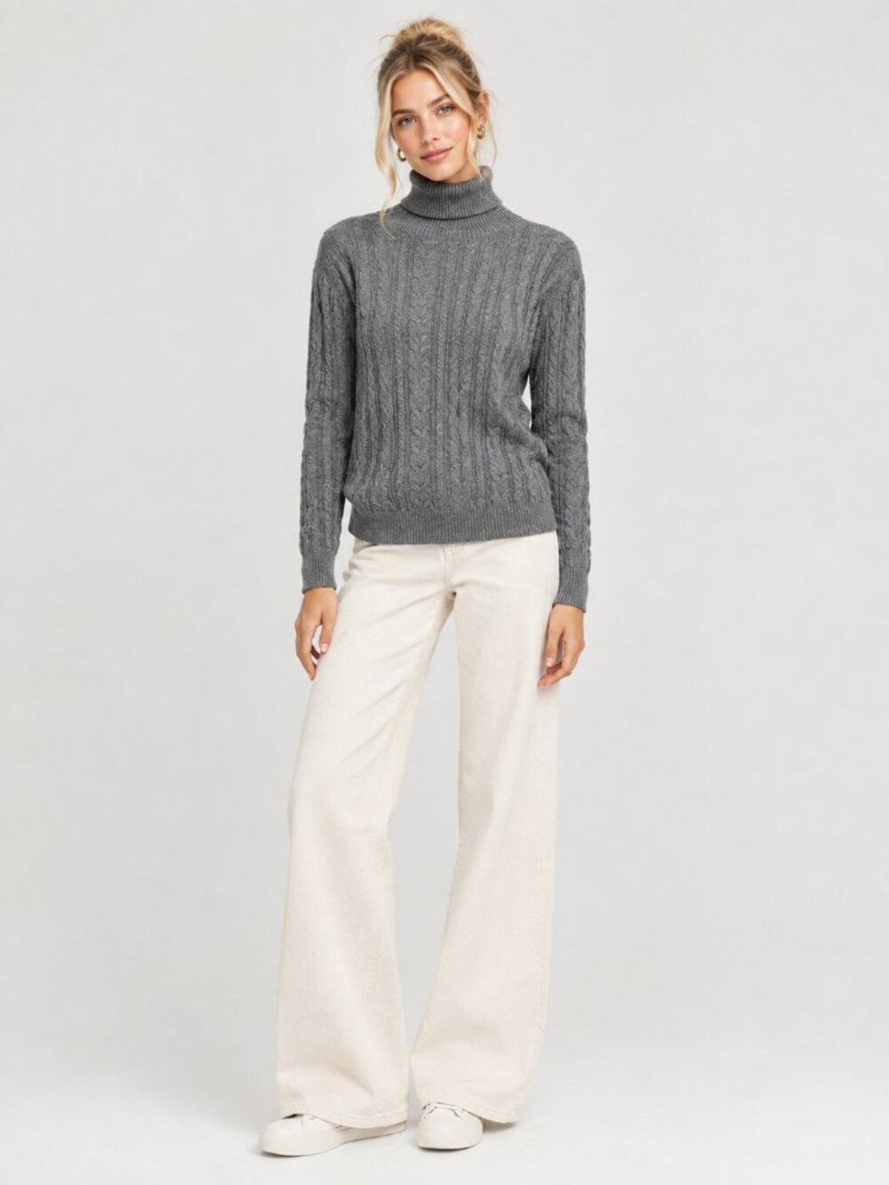 2/$30 Lands' End Cable-Knit Cotton Drifter Turtleneck Sweater Gray Large #A4985
